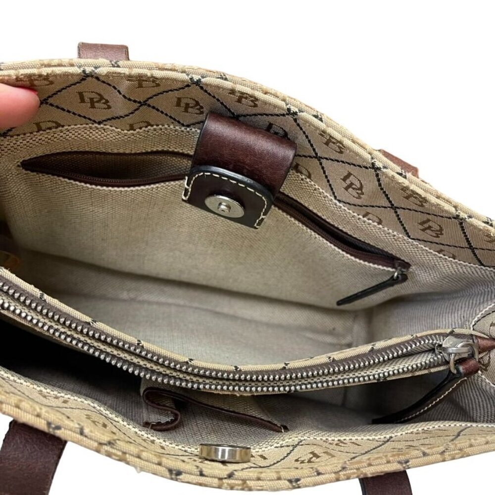 Numbered Dooney & Bourke Beige Logo Tote Bag With Brown Leather Straps and Trim - Picture 9 of 13